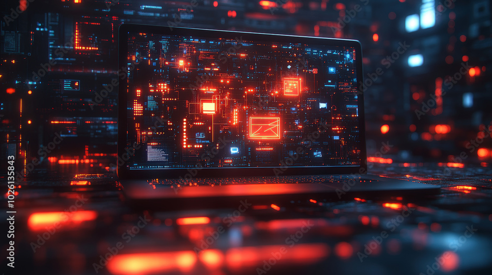 A futuristic laptop displaying a vibrant, glowing digital interface with complex red and blue circuitry patterns, symbolizing advanced technology and cyber networks. A futuristic laptop displaying a vibrant, glowing digital interface with complex red and blue circuitry patterns, symbolizing advanced technology and cyber networks.