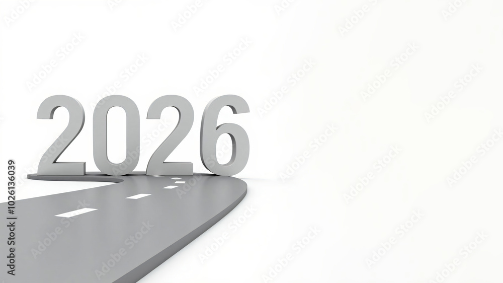 2026 year number on a long road on white background 2026 year number on a long road on white background