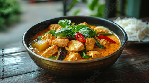 A bowl of Thai red curry with chicken, garnished with fresh basil and chili peppers, accompanied by a side of rice noodles.