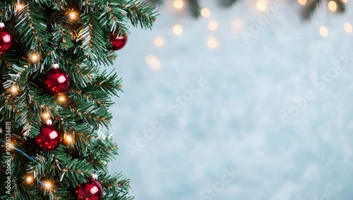 Christmas tree decorated with red ornaments and lights on a blue background with bokeh, providing copy space for holiday greetings.