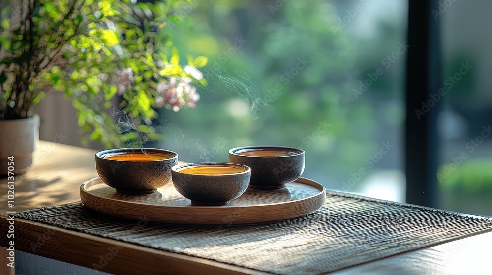 Steaming Hot Tea Cups on Wooden Tray with Green Blurred Background Steaming Hot Tea Cups on Wooden Tray with Green Blurred Background