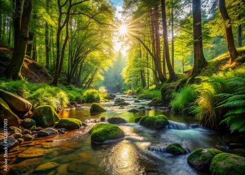 Serene Stream Flowing Through Lush Green Forest Landscape Photography