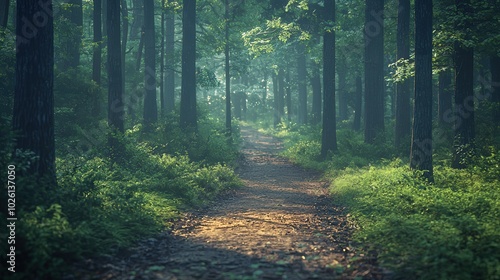 Sunlit Path Through Misty Forest