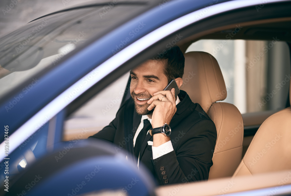 Business, man and smile with phone call in car for taxi service, online booking and directions to location. Chauffeur, driver and talking to contact for transport, travel or communication in vehicle