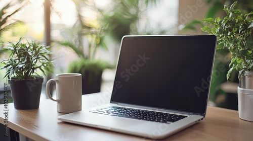 Laptop on Wooden Desk with Plants and Coffee Cup