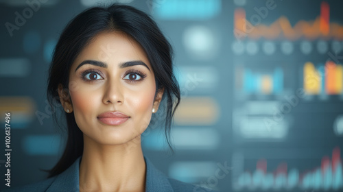 A confident professional woman stands against a backdrop of colorful graphs and charts, suggesting a focus on data analysis or business strategy.