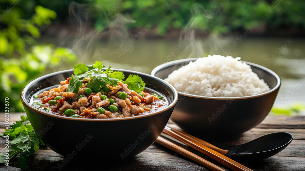 Steaming bowls of savory stir-fried meat with herbs and fluffy white rice sit on a wooden table by the water, ready to enjoy. Steaming bowls of savory stir-fried meat with herbs and fluffy white rice sit on a wooden table by the water, ready to enjoy.