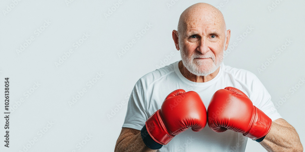 senior man is preparing for boxing workout, wearing red gloves and white shirt. His focused expression shows determination and readiness for challenge ahead senior man is preparing for boxing workout, wearing red gloves and white shirt. His focused expression shows determination and readiness for challenge ahead