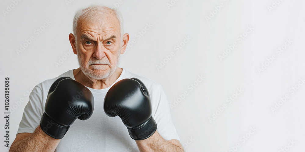 senior man preparing for boxing workout, wearing black gloves and white shirt, exudes determination and focus. His expression reflects readiness to engage in physical activity senior man preparing for boxing workout, wearing black gloves and white shirt, exudes determination and focus. His expression reflects readiness to engage in physical activity
