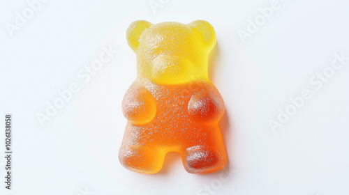 Close-up of a large gummy bear candy with a yellow top and orange bottom on a white background photo