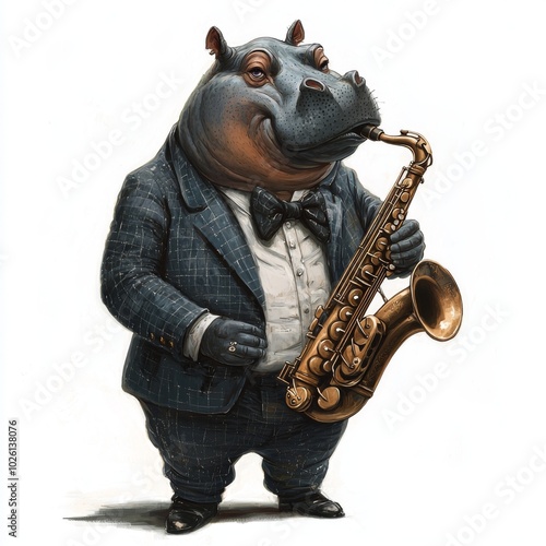 Stylized hippo playing a saxophone in a jazz club setting photo