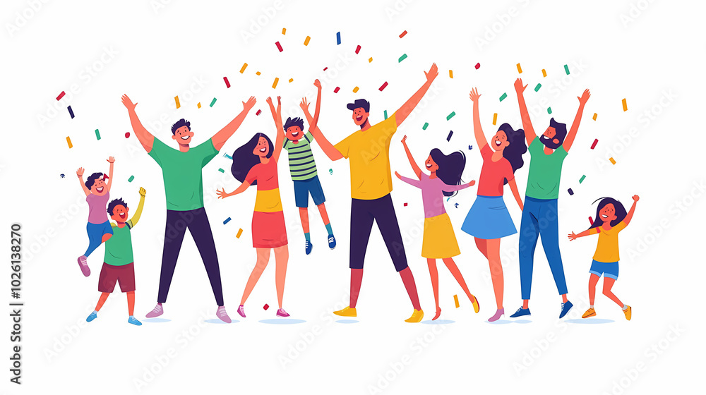 Obraz premium Families celebrate win, event is set. People who are happy have fun together. Couple with funny kids, celebrating success, embracing. White background with flat vector illustrations