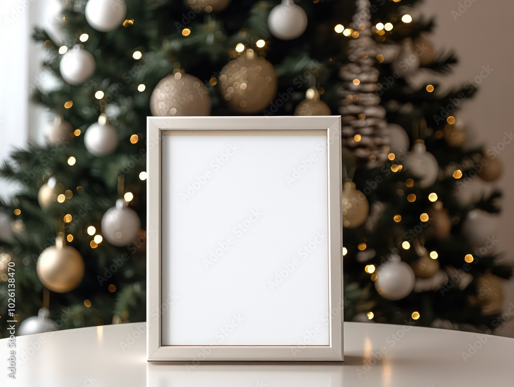 Fototapeta premium photo mockup of white blank framed table sign on a table, White soft minimalist background, Christmas tree at the background, beige white gold colors --no decoration on a table