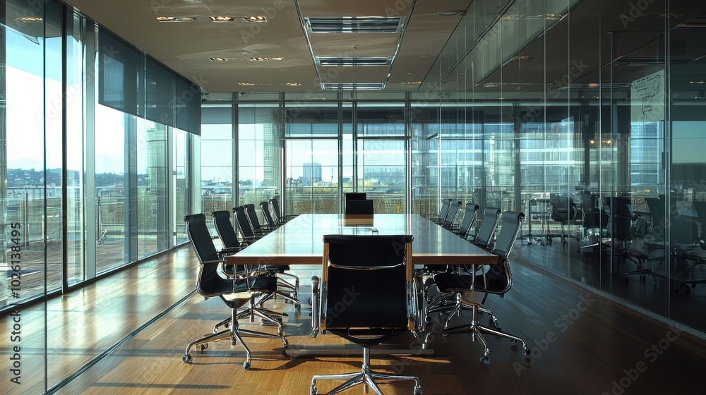 Modern Conference Room with Glass Walls and Black Chairs Modern Conference Room with Glass Walls and Black Chairs