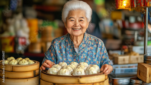 Wallpaper Mural Elderly woman joyfully presenting steaming bamboo baskets filled with fresh dumplings at a vibrant market stall, capturing a moment of culinary tradition and warmth. Torontodigital.ca