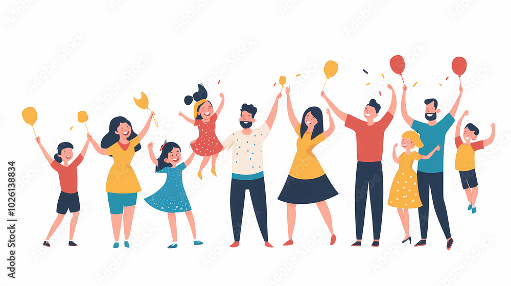 Families celebrate win, event is set. People who are happy have fun together. Couple with funny kids, celebrating success, embracing. White background with flat vector illustrations Families celebrate win, event is set. People who are happy have fun together. Couple with funny kids, celebrating success, embracing. White background with flat vector illustrations