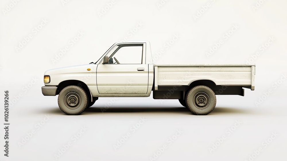 A white pickup truck with a flatbed is isolated on a white background. A white pickup truck with a flatbed is isolated on a white background.