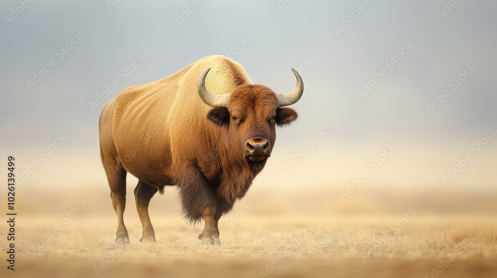 A majestic bison stands alone on a vast, misty plain, exuding strength and tranquility in the serene wilderness. A majestic bison stands alone on a vast, misty plain, exuding strength and tranquility in the serene wilderness.
