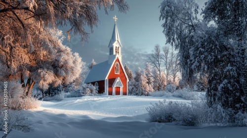 A Beautiful Red Church in Winter Wonder: Snowy Scene in a Serene Landscape at Dawn