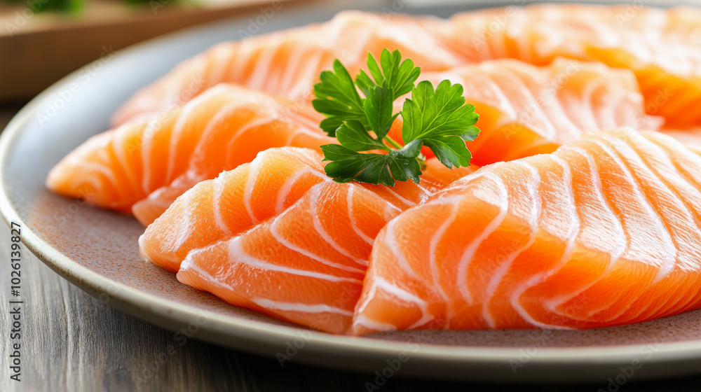Fresh salmon sashimi slices arranged on a plate, garnished with a sprig of parsley, showcasing vibrant colors and delicate marbling. Perfect for seafood lovers. Fresh salmon sashimi slices arranged on a plate, garnished with a sprig of parsley, showcasing vibrant colors and delicate marbling. Perfect for seafood lovers.