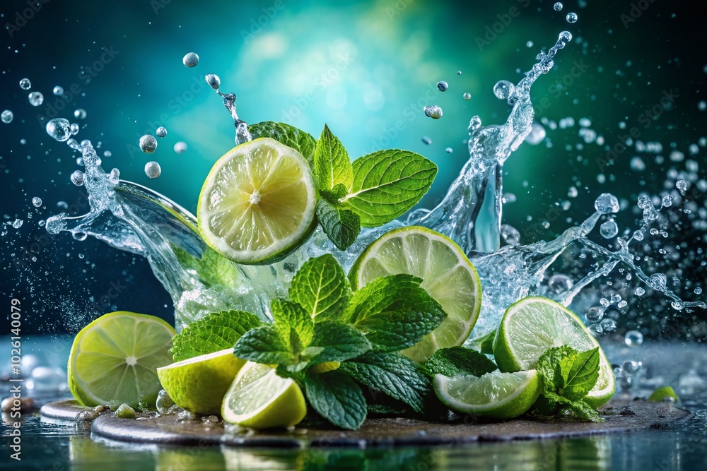 Refreshing Water Splash With Mint Leaves And Lime Slices For Cool Summer Beverages And Healthy Hydration Ideas Refreshing Water Splash With Mint Leaves And Lime Slices For Cool Summer Beverages And Healthy Hydration Ideas