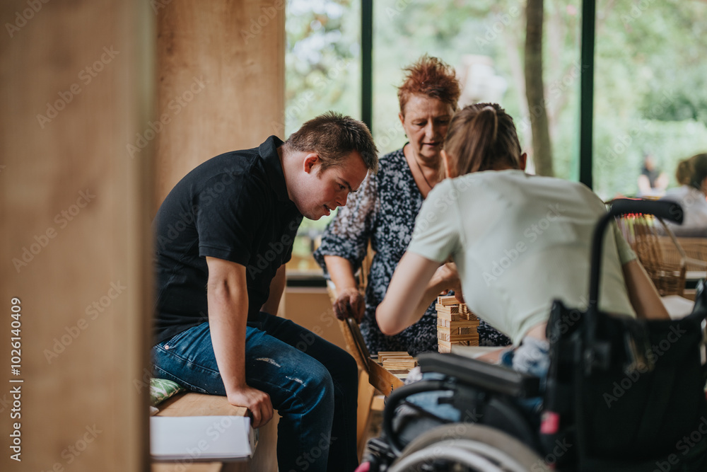 A boy with Down syndrome, a girl in a wheelchair, and an elderly woman enjoy playing a building blocks game together in a warm and inclusive setting. A boy with Down syndrome, a girl in a wheelchair, and an elderly woman enjoy playing a building blocks game together in a warm and inclusive setting.