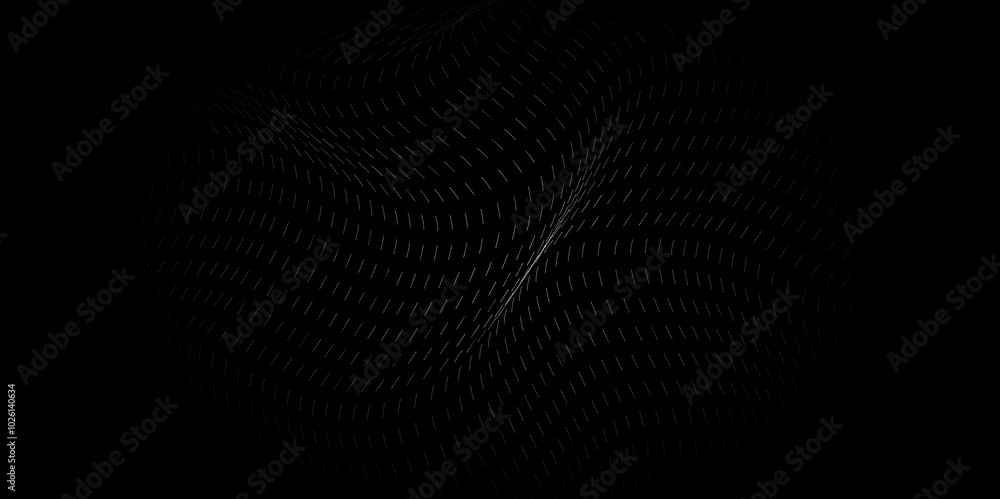 Flowing dots particles wave pattern 3D curve halftone grey gradient curve shape isolated on black background. Vector in concept of technology, science, music, modern. Flowing dots particles wave pattern 3D curve halftone grey gradient curve shape isolated on black background. Vector in concept of technology, science, music, modern.