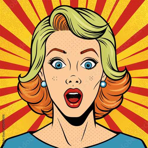 Face of an admiring or surprised woman. Retro pop art comic style. Vector illustration.