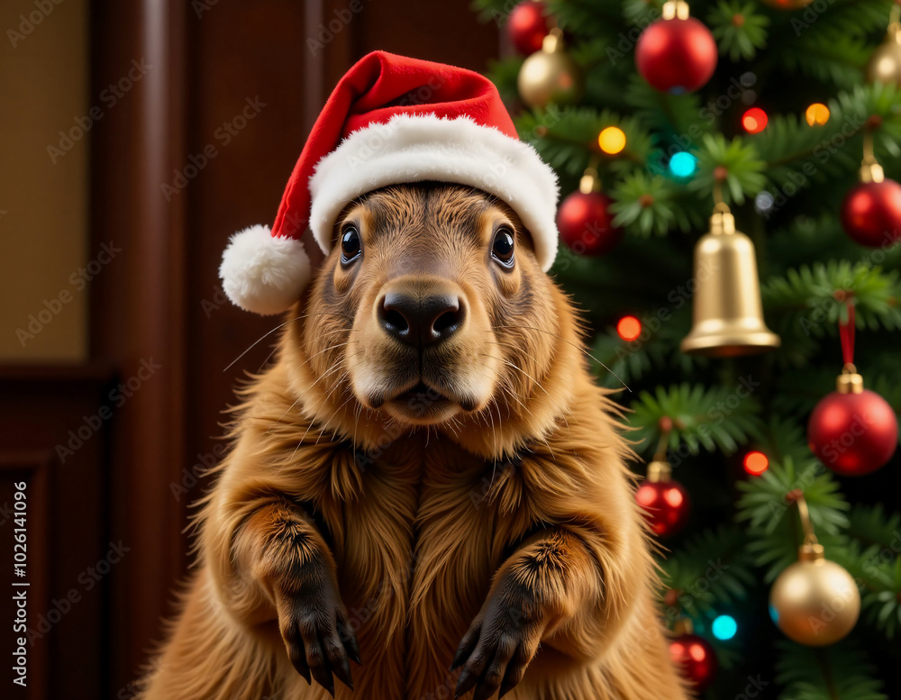 A charming capybara in a festive Santa hat poses in front of a beautifully decorated Christmas tree, radiating holiday cheer. A charming capybara in a festive Santa hat poses in front of a beautifully decorated Christmas tree, radiating holiday cheer.