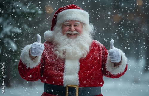 Santa Claus in red suit giving thumbs up in snowy forest