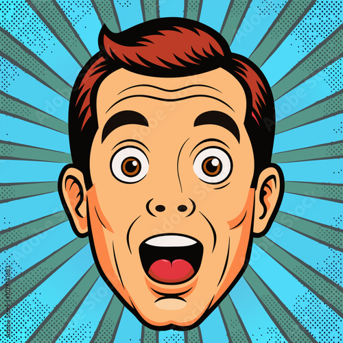 Face of an admiring or surprised young man. Retro pop art comic style. Vector illustration.