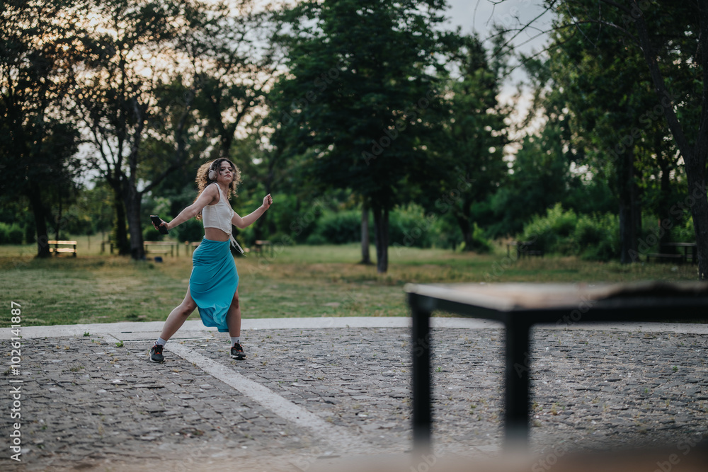 A young girl gracefully dances in a green park, performing modern movements with energy and freedom. Captured during a peaceful late afternoon, the setting enhances her expressive performance. A young girl gracefully dances in a green park, performing modern movements with energy and freedom. Captured during a peaceful late afternoon, the setting enhances her expressive performance.