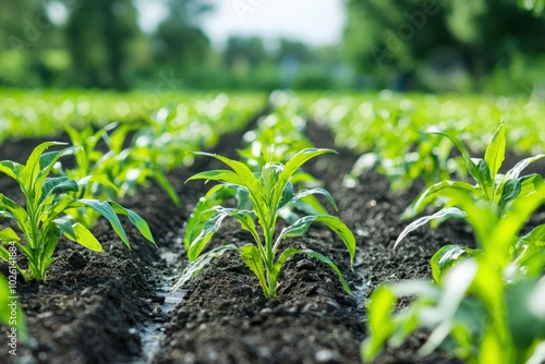 Close-up of Green Seedlings Growing in Rows in a Field