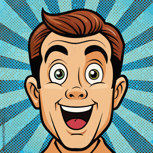 Face of an admiring or surprised young man. Retro pop art comic style. Vector illustration.