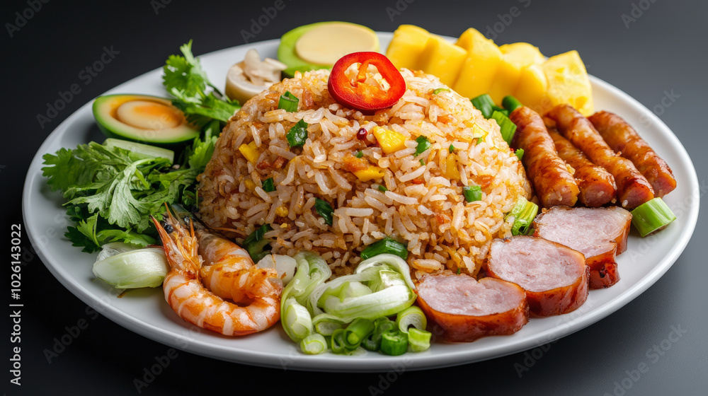 A colorful plate of fried rice garnished with sliced sausage, shrimp, fresh vegetables, pineapple, and a red pepper, presenting a vibrant and appetizing meal. A colorful plate of fried rice garnished with sliced sausage, shrimp, fresh vegetables, pineapple, and a red pepper, presenting a vibrant and appetizing meal.