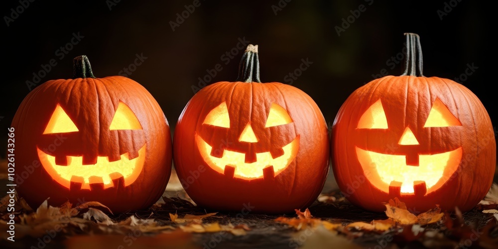 Fototapeta premium Three smiling jack-o'-lanterns glowing in the dark, surrounded by autumn leaves. Perfect for Halloween-themed projects.