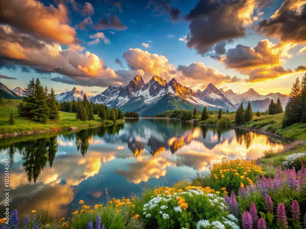 Obraz premium Stunning Dolle AI-Inspired Landscape with Majestic Mountains and Serene Lake Reflections