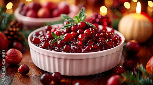 Cranberry sauce with fresh cranberries and mint in a bowl