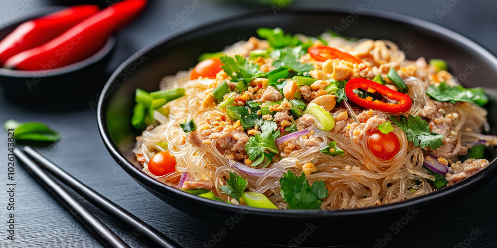 A vibrant bowl of Asian-style glass noodle salad, garnished with fresh cilantro, chili peppers, cherry tomatoes, and chopped peanuts, served with chopsticks. A vibrant bowl of Asian-style glass noodle salad, garnished with fresh cilantro, chili peppers, cherry tomatoes, and chopped peanuts, served with chopsticks.