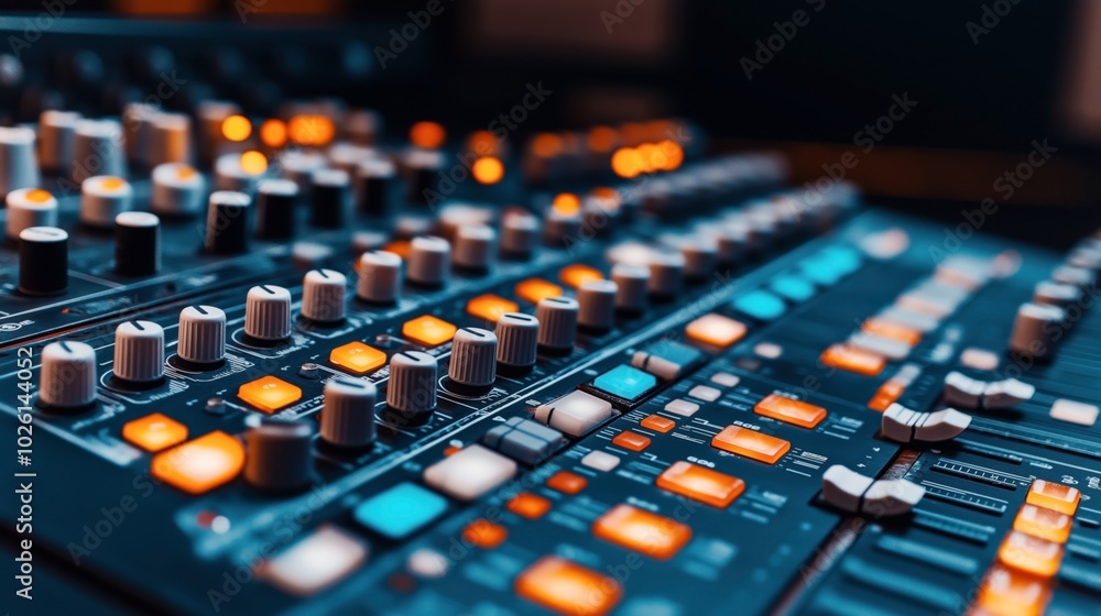 Close-up of an illuminated audio sound mixing console with various knobs, faders, and buttons in a recording studio setting, displaying a modern, high-tech appearance. Close-up of an illuminated audio sound mixing console with various knobs, faders, and buttons in a recording studio setting, displaying a modern, high-tech appearance.