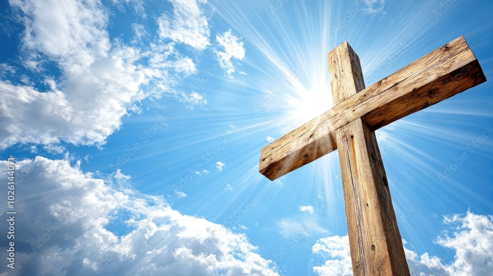 A wooden cross stands tall against a bright blue sky with sunbeams shining through the clouds. A wooden cross stands tall against a bright blue sky with sunbeams shining through the clouds.