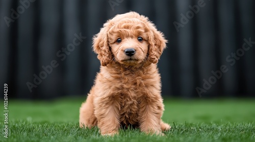 Adorable curly-haired puppy sitting on green grass with blurred dark background, showcasing its fluffy fur and curious expression. photo