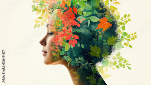 A woman's silhouette merges with vibrant, colorful leaves, symbolizing a harmonious connection between nature and humanity in an imaginative, artistic expression. photo