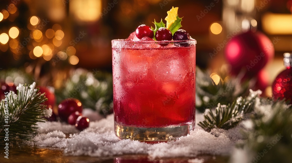 A colorful cranberry cocktail with berry garnish, set against a backdrop of holiday decorations and snowy pine branches A colorful cranberry cocktail with berry garnish, set against a backdrop of holiday decorations and snowy pine branches
