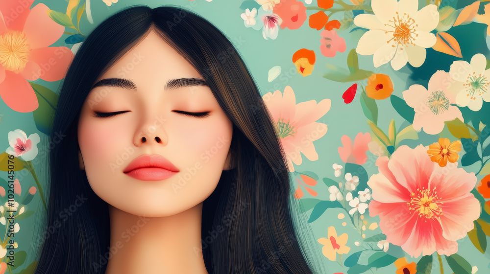A serene illustration of a woman with closed eyes, surrounded by vibrant, colorful flowers on a soft, pastel background. A serene illustration of a woman with closed eyes, surrounded by vibrant, colorful flowers on a soft, pastel background.