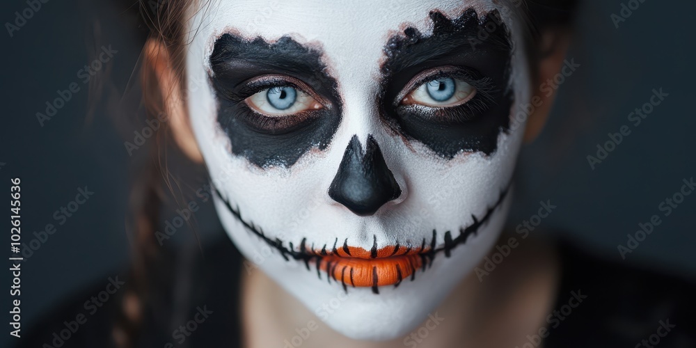 A haunting portrait of a woman with intricate skull makeup, emphasizing her striking blue eyes and vivid face art. A haunting portrait of a woman with intricate skull makeup, emphasizing her striking blue eyes and vivid face art.