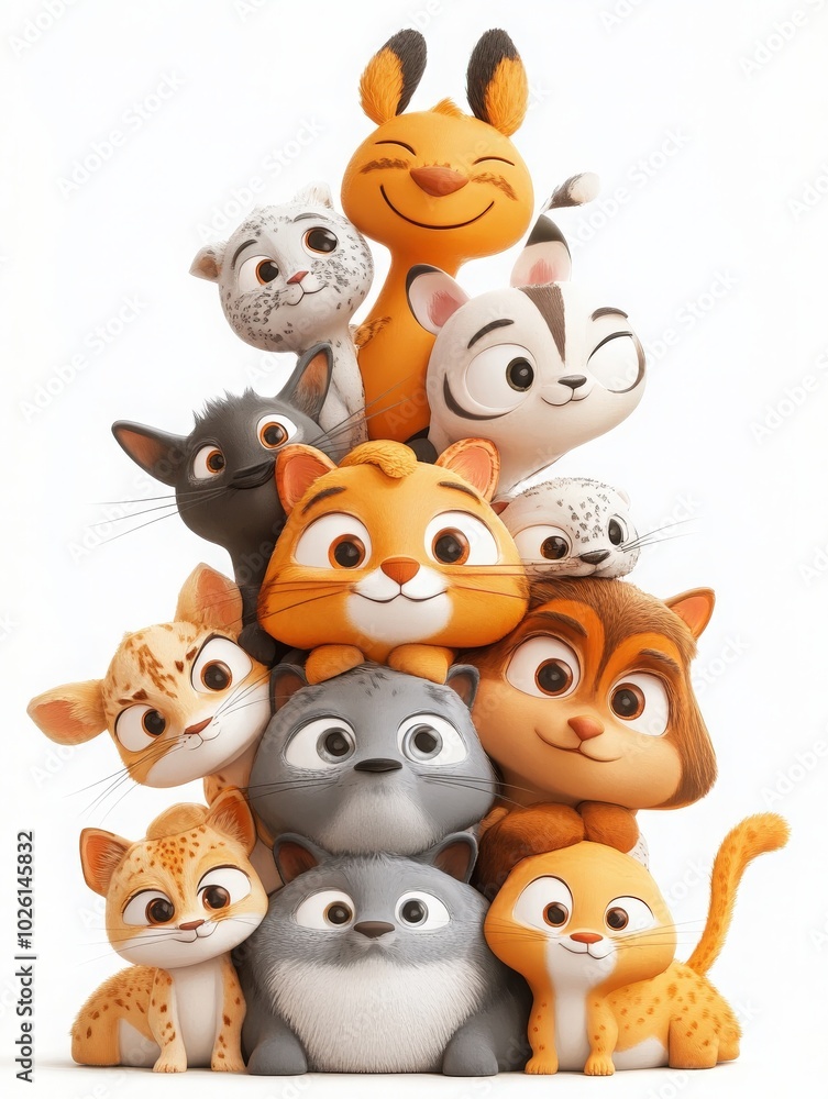 A pile of adorable cartoon animals with animal features like whiskers and tails, stacked in fun and quirky poses, each with a unique expression, on a white background A pile of adorable cartoon animals with animal features like whiskers and tails, stacked in fun and quirky poses, each with a unique expression, on a white background
