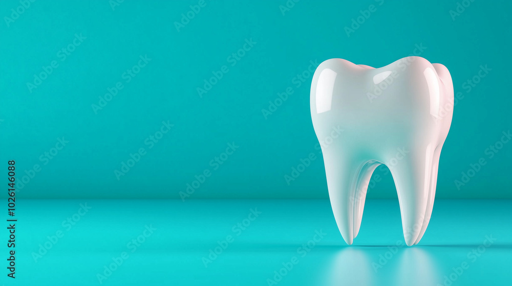 A highly detailed 3D model of a pristine white molar tooth standing upright on a soft pastel blue background, showcasing the smooth enamel and anatomical features, representing ora A highly detailed 3D model of a pristine white molar tooth standing upright on a soft pastel blue background, showcasing the smooth enamel and anatomical features, representing ora