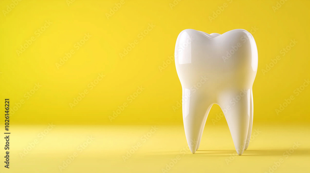 A pristine 3D model of a white molar tooth, perfectly symmetrical and textured, placed on a gentle pastel yellow backdrop, evoking themes of dental hygiene and medical precision. A pristine 3D model of a white molar tooth, perfectly symmetrical and textured, placed on a gentle pastel yellow backdrop, evoking themes of dental hygiene and medical precision.