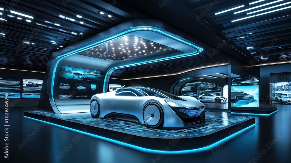 A futuristic car display stand equipped with touch screens and interactive technology, highlighting a sleek, modern design for showcasing A futuristic car display stand equipped with touch screens and interactive technology, highlighting a sleek, modern design for showcasing